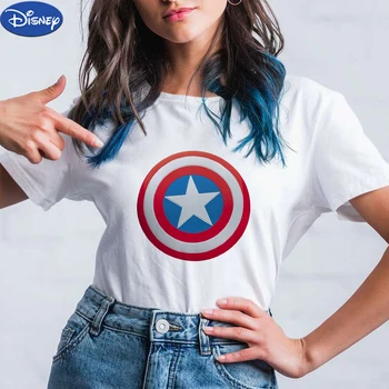 Disney Fashion T-shirt das Mulheres Estética Capitão América Escudo da Animação Impresso Manga Curta Versátil Marvel T-Shirt Feminina