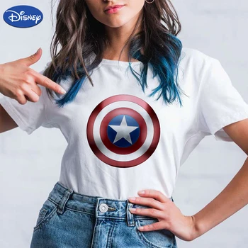 Disney Fashion T-shirt das Mulheres Estética Capitão América Escudo da Animação Impresso Manga Curta Versátil Marvel T-Shirt Feminina