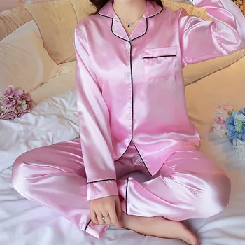 Mulheres Pijamas De Cetim Pijama Conjuntos De Manga Longa Outono Pijamas Artificiais De Seda Do Pijama Terno De Roupa De Homewear Loungewear