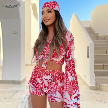 Mulher Elegante Vermelho, Camisa De Impressão Streetwear 2021 Moda Primavera Senhoras Indie Folk Se Ajustar As Senhoras Vinatge Totem Floral Praia Ternos