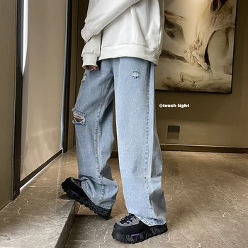 Homens de Jeans, Calça Trecho Destruído Rasgado de Design de Moda Buraco calça Jeans Reta Para Homens Plus Size High Street Biker Jeans